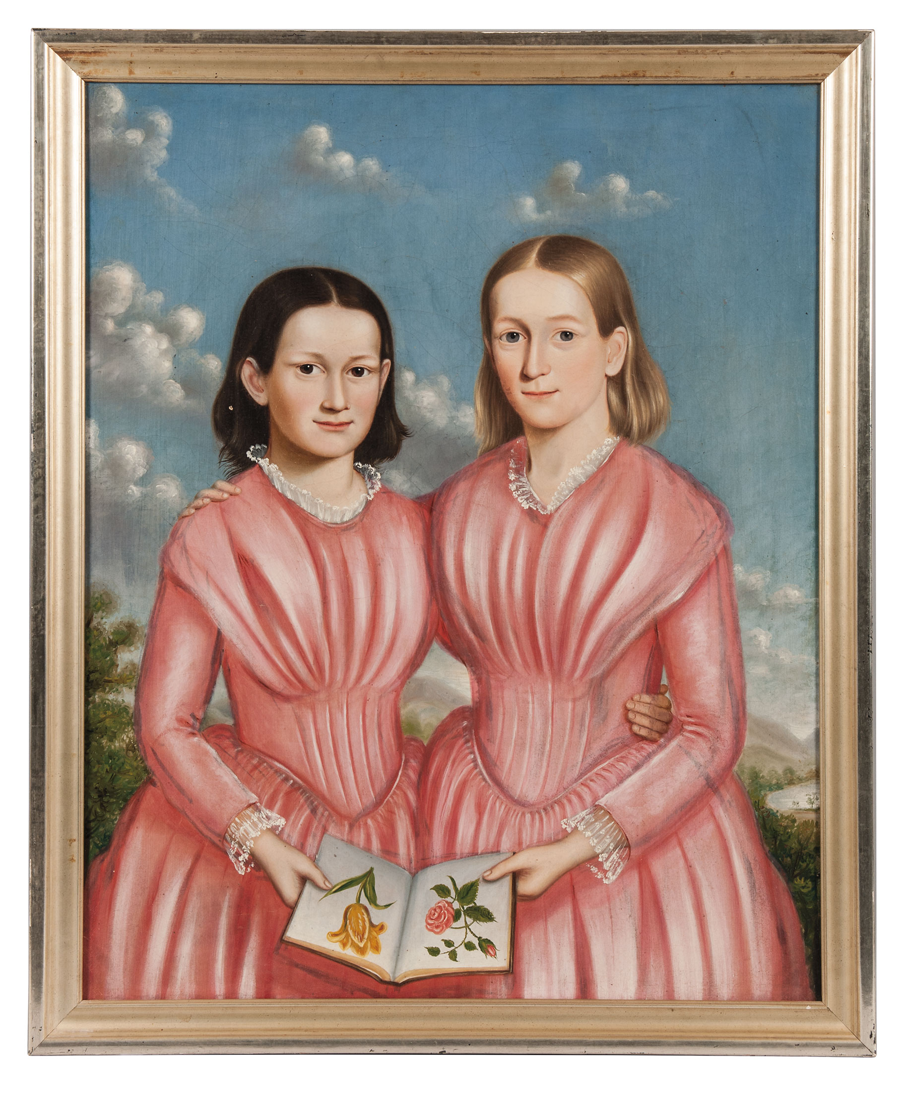 A winsome double folk portrait of sisters, painted by an unknown American artist.