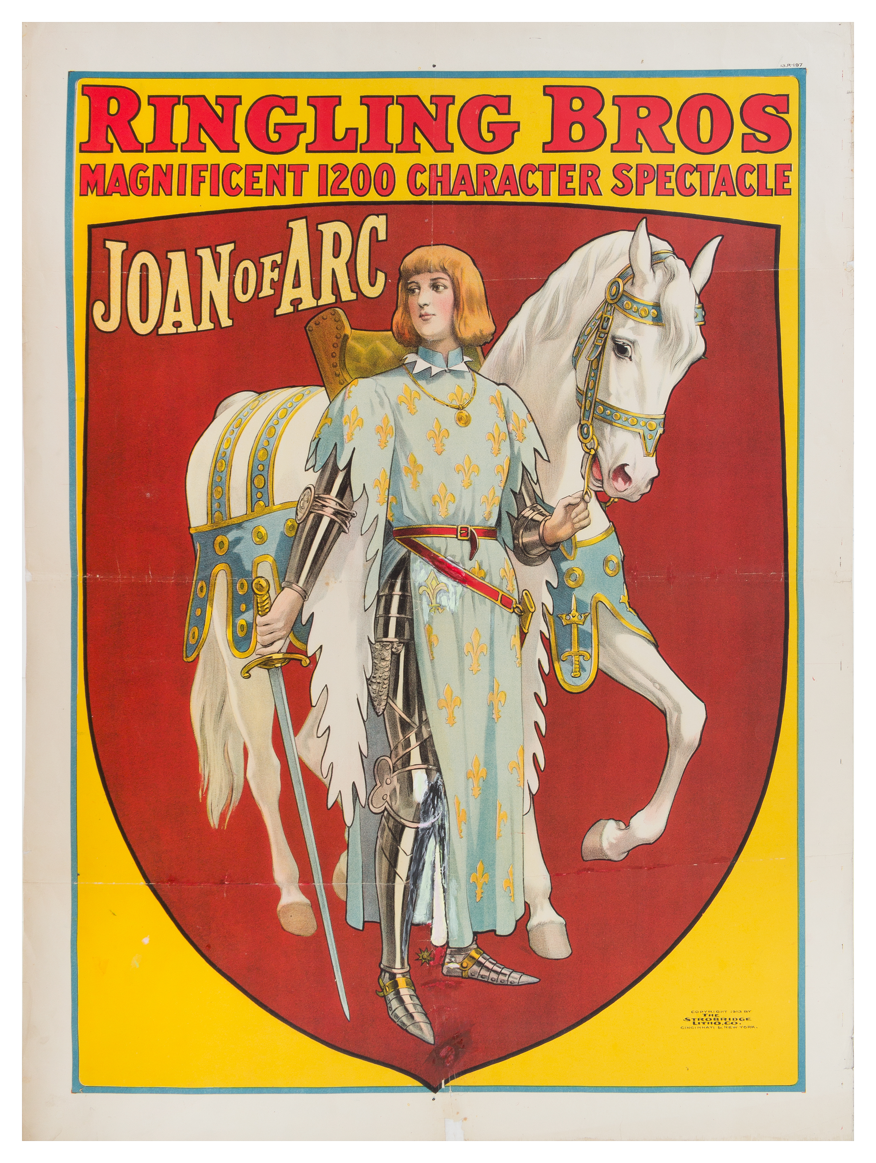A 1913 poster by Ringling Brothers, featuring Joan of Arc and promising a 'Magnificent 1200 Character Spectacle.' It's from the Richard Bennett Collection of Circus Memorabilia. 