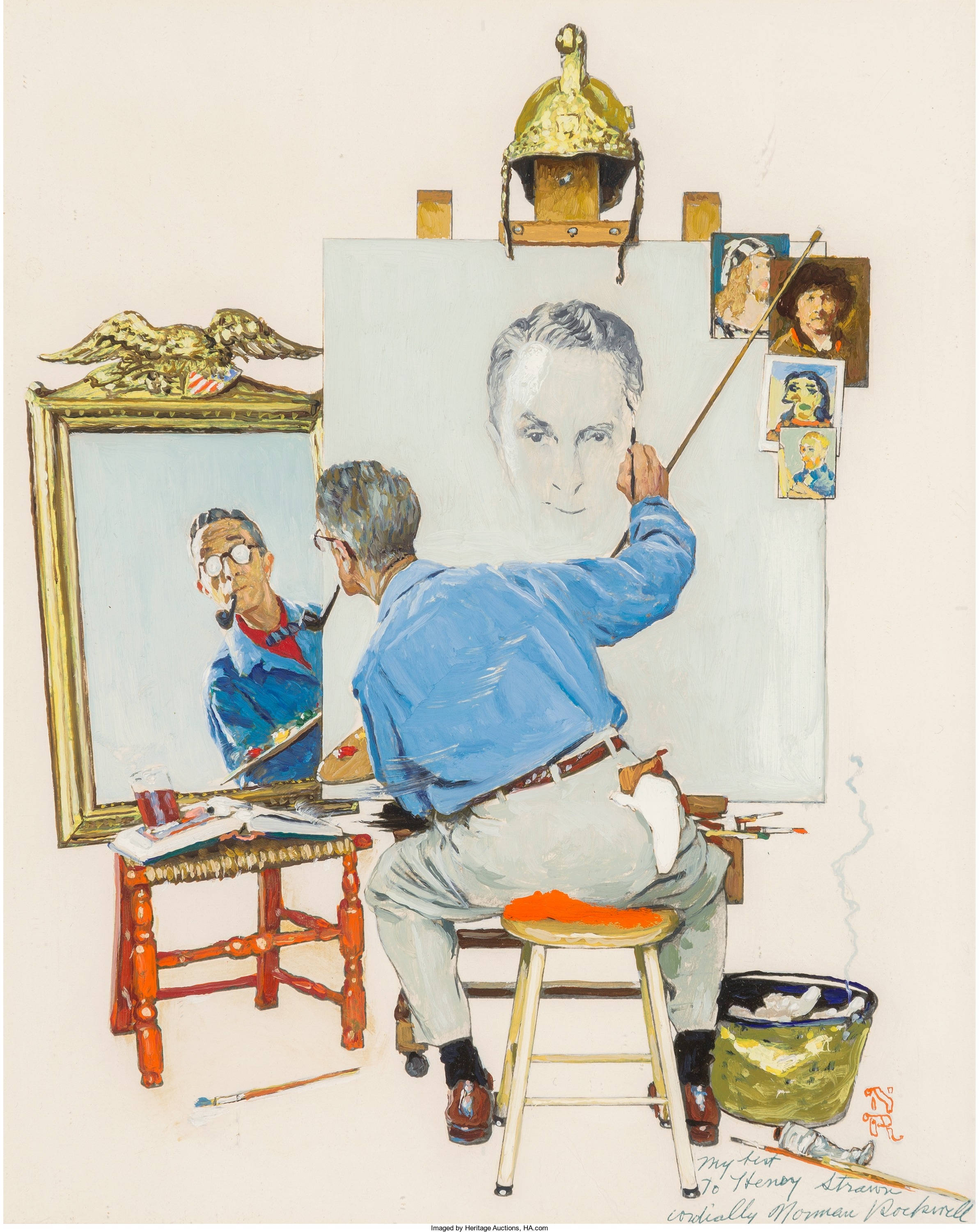 Study for Triple Self Portrait, a 1960 oil on photographic paper laid on panel by Norman Rockwell. The final version graced the cover of the February 13, 1960 edition of The Saturday Evening Post. 
