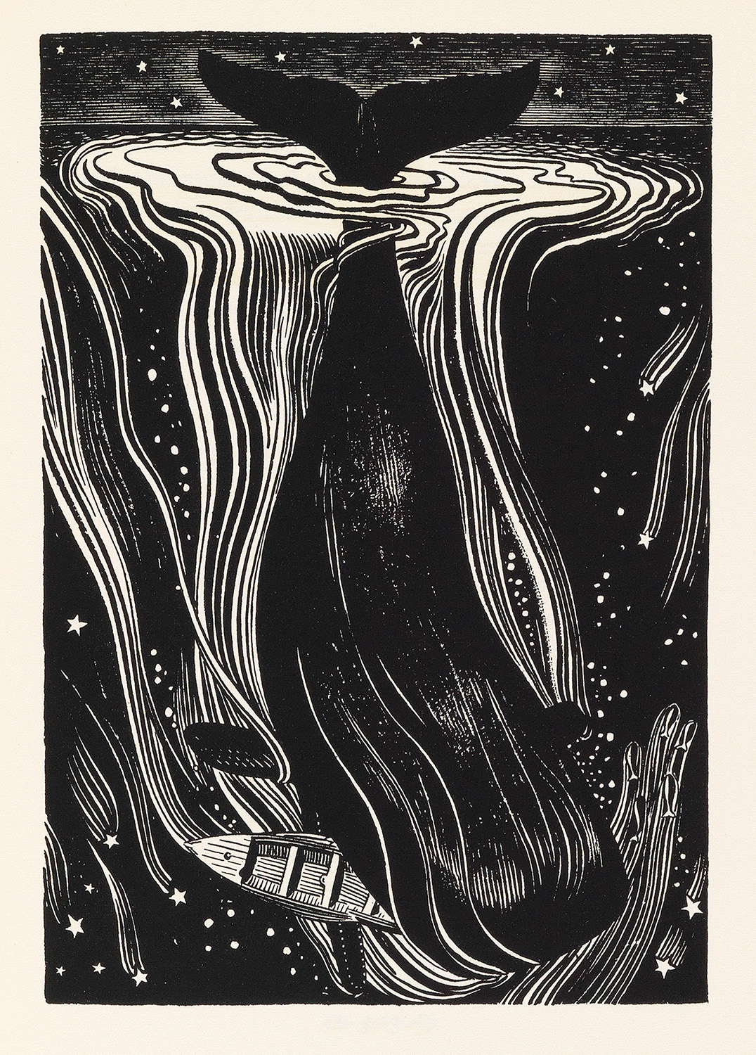 One of the 280 pen-and-ink illustrations that Rockwell Kent did for a three-volume 1930 limited edition release of Moby Dick. This particular copy lacks its aluminum slipcase.