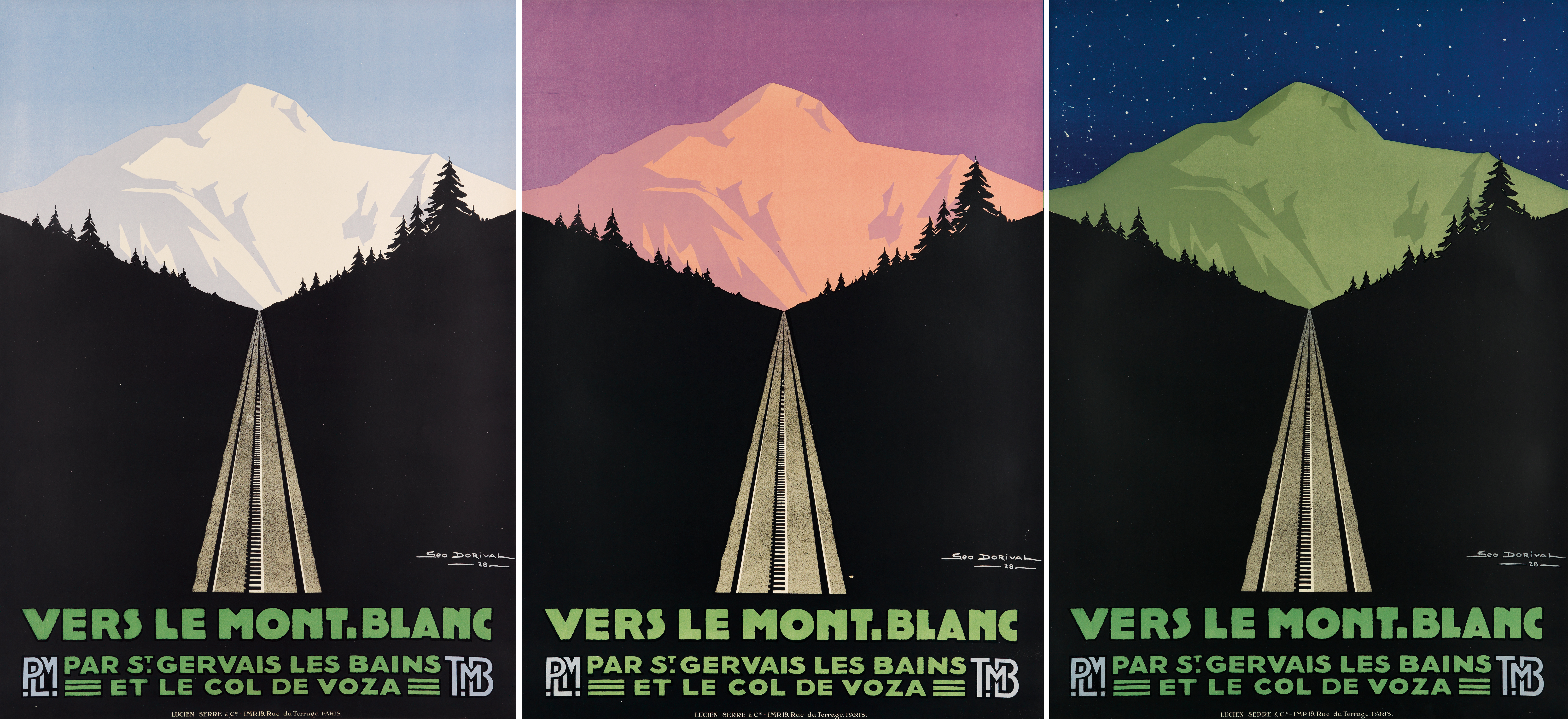 Vers le Mont - Blanc, a group of three posters dating from 1928 and designed by Georges Dorival.