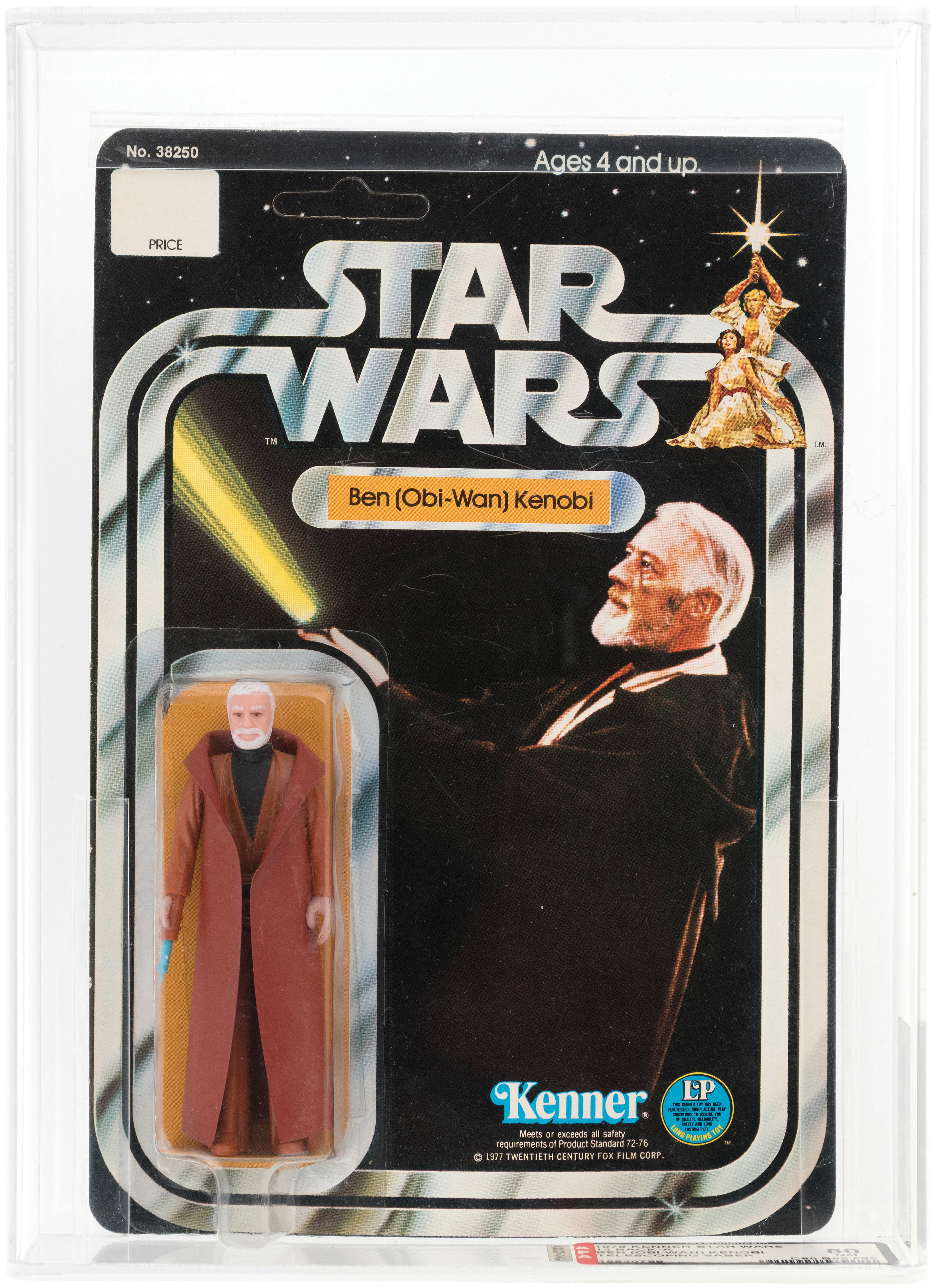 A 1978 Kenner Star Wars Obi-Wan Kenobi action figure with a double-telescoping lightsaber and an AFA grade of 80 NM. Hake's Americana & Collectibles sold it in November 2017 for $76,700, setting a world auction record for any singly packaged production action figure.