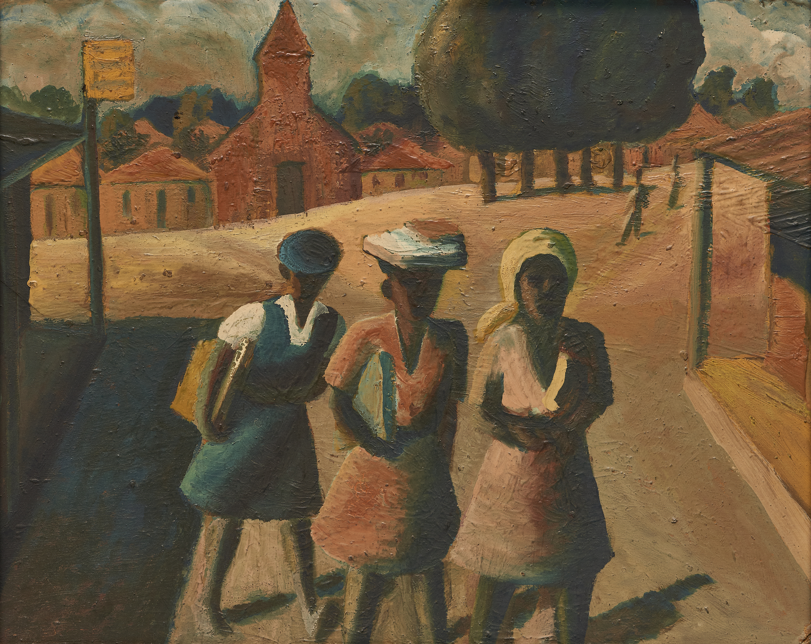 Three School Girls, an oil on board painted by South African artist Gerard Sekoto sometime between 1940 and 1947. 