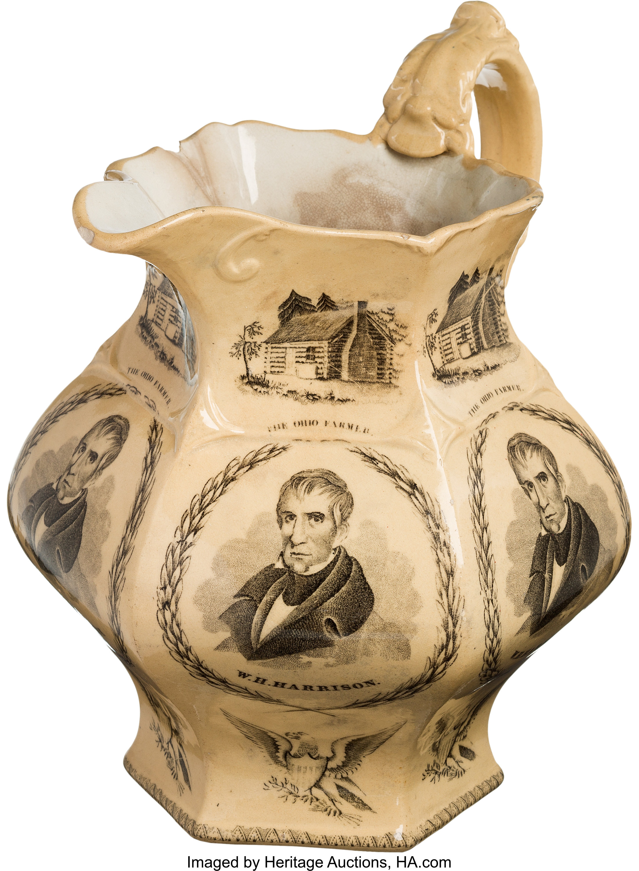 A large (almost a foot tall) ceramic pitcher touting Whig candidate William Henry Harrison's 1840 campaign for president. 