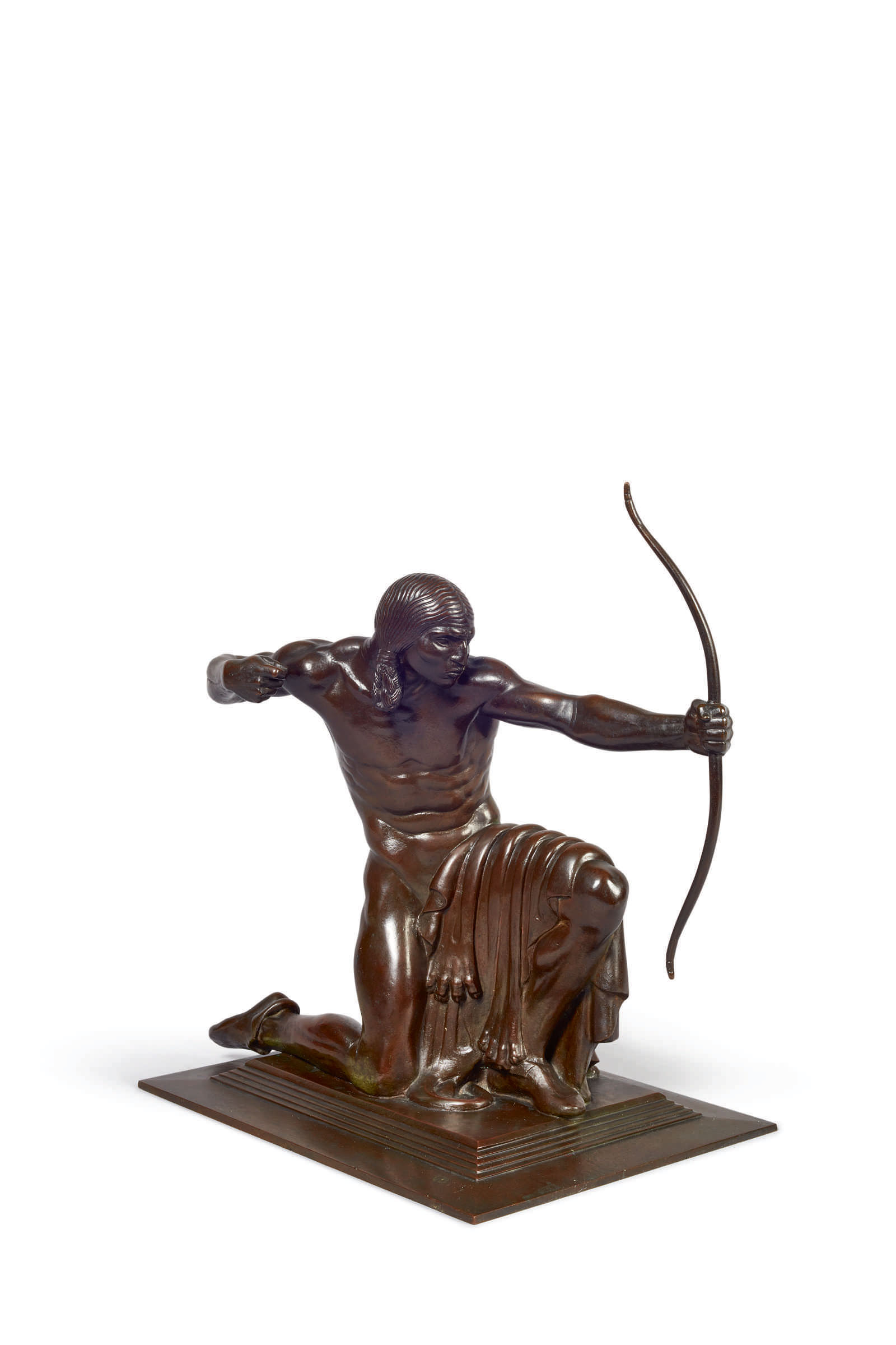 Indian Hunter, a 1914 bronze by Paul Manship, depicts a Native American down on one knee, pulling back the string of his bow. His face is serious and focused. 