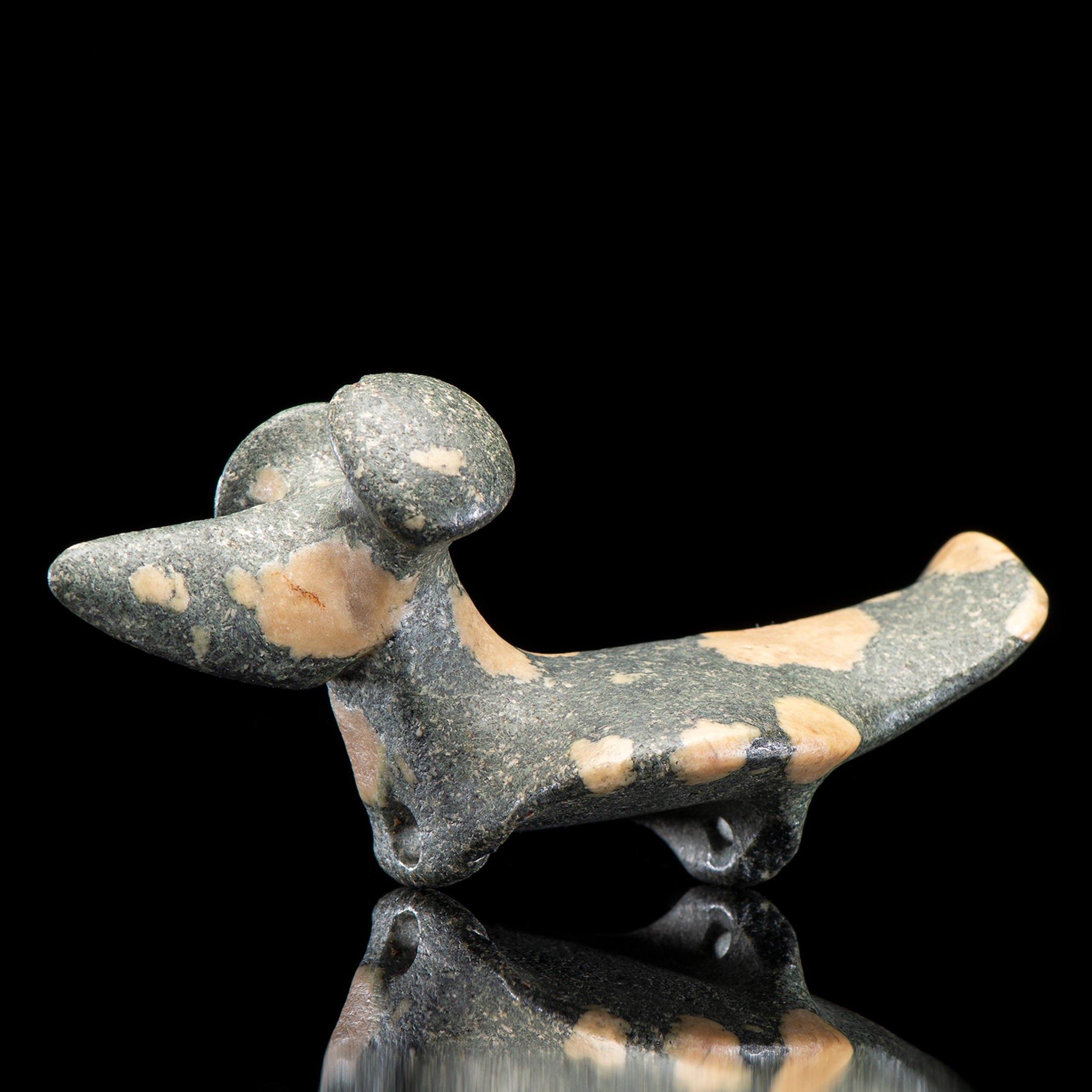 A porphyry popeye fantail birdstone, created by the people of the Glacial Kame Culture sometime between 3,000 and 500 BCE in what is now DeKalb County, Indiana. It looks like a small dog, except it has two loops where the front and back feet should be. It is slate gray with pale cream-colored blobs of varying sizes across its body. It has two wide nailhead-like protuberances where its ears should be, but the protuberances are called "eyes".