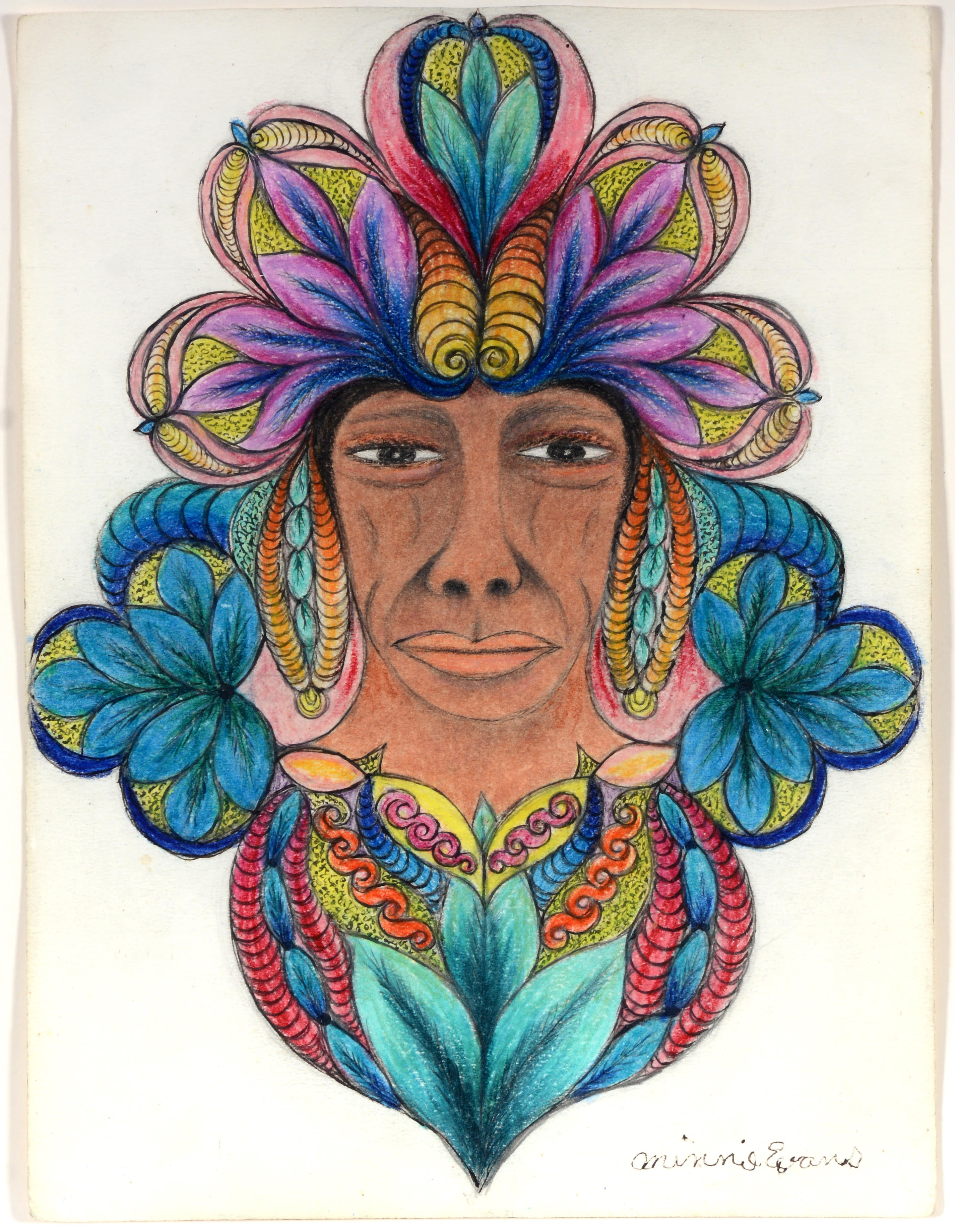 A circa 1960s portrait by Minnie Evans shows a copper-colored face of indeterminate gender crowned with an elaborate, colorful headdress and surrounded by flourishing plants. 