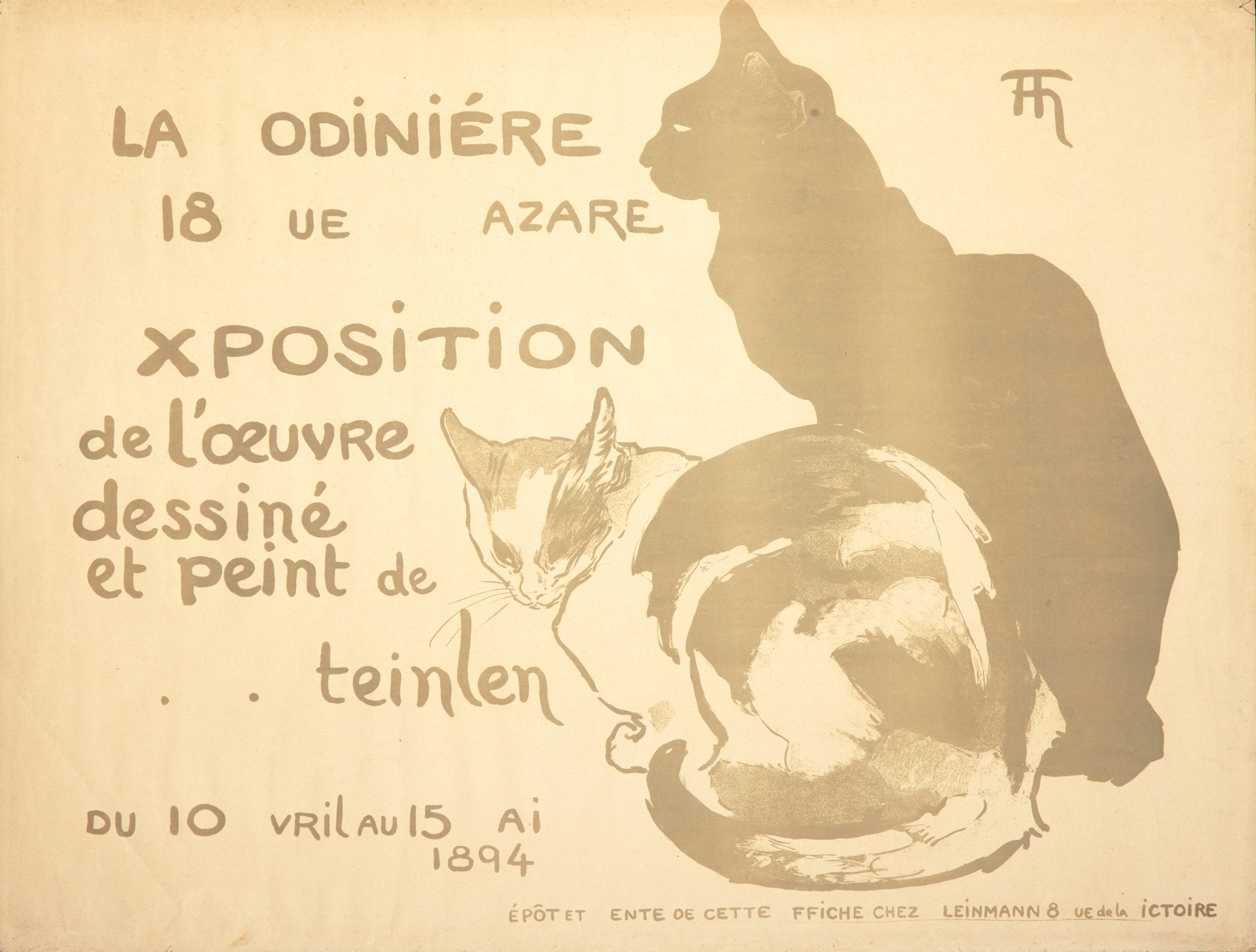 A progressive print of the 1894 Théophile-Alexandre Steinlen poster, advertising his first gallery show. It focuses on the gray areas of the image.