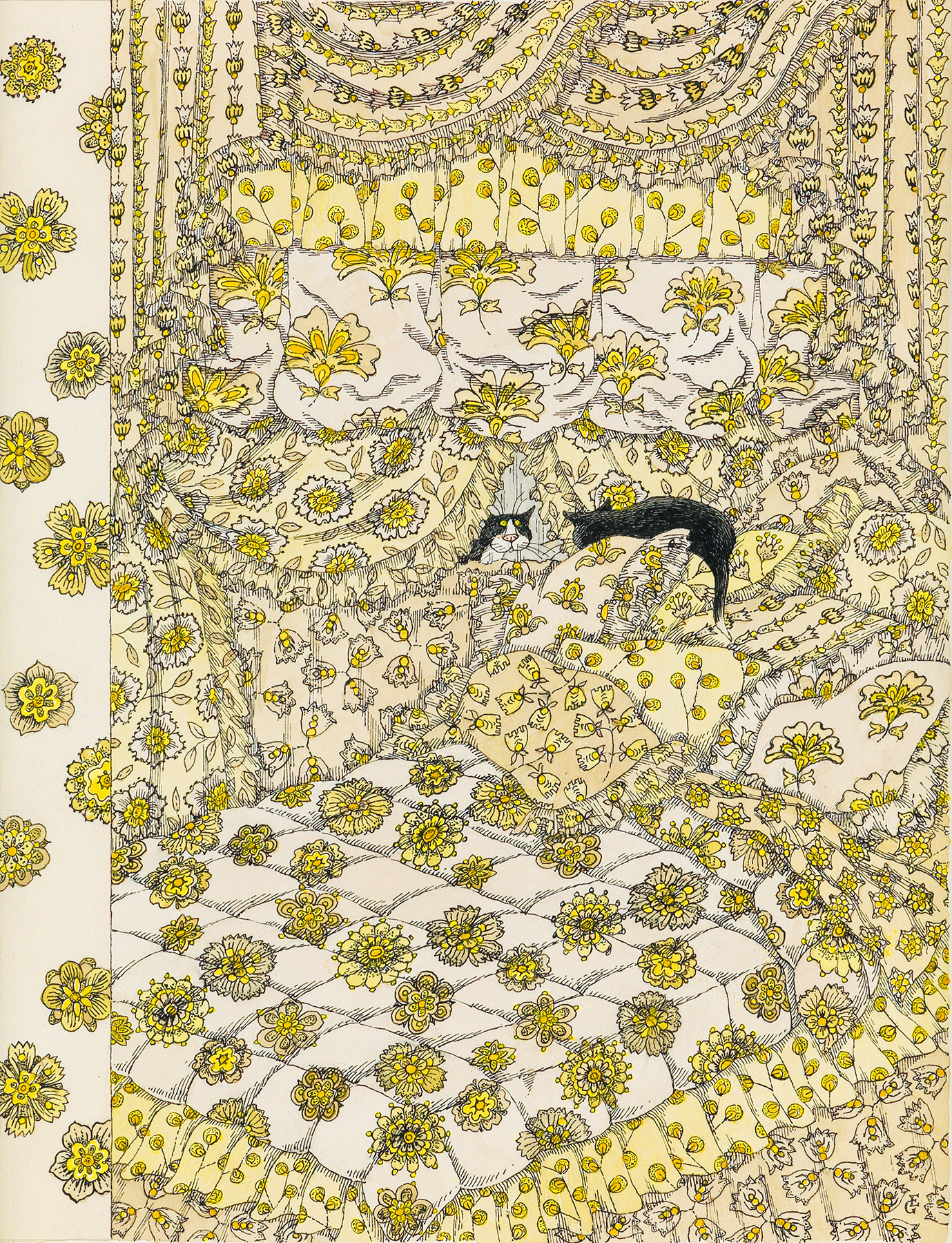 A New Yorker cover by the late Edward Gorey. It depicts two tuxedo cats looking at each other on an oversize bed, fitted with ruffles, shams, and pillows festooned with intricate yellow flowers. 