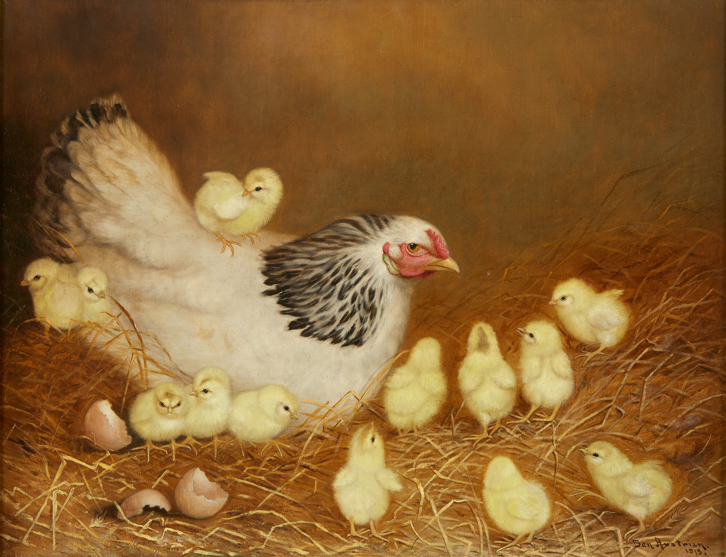 Ben Austrian's painting White Hen with Chickens, sold at Freeman's in June 2019.