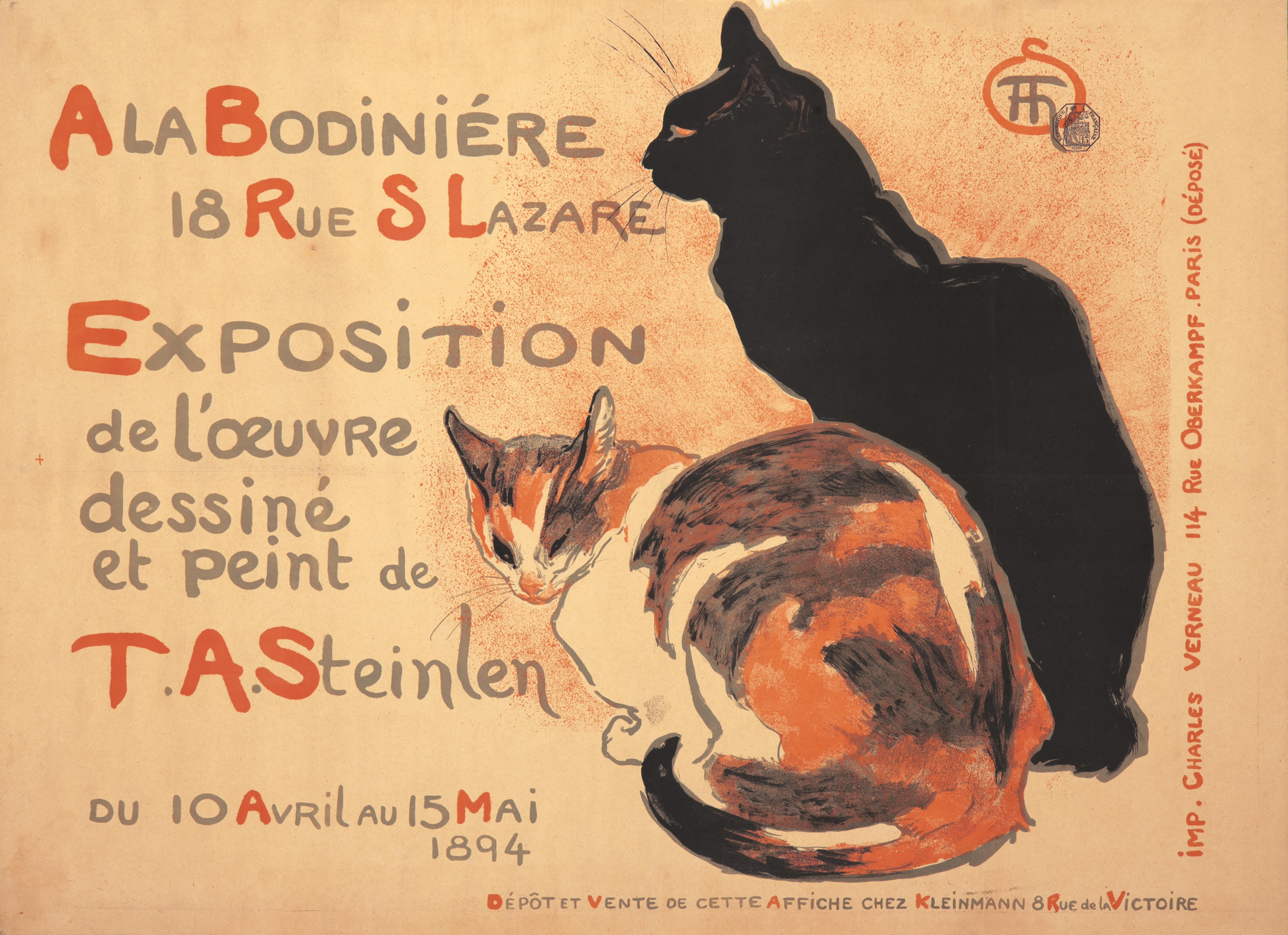The completed version of the 1894 Théophile-Alexandre Steinlen poster, advertising his first gallery show. It features a calico cat and a black cat, both seated.