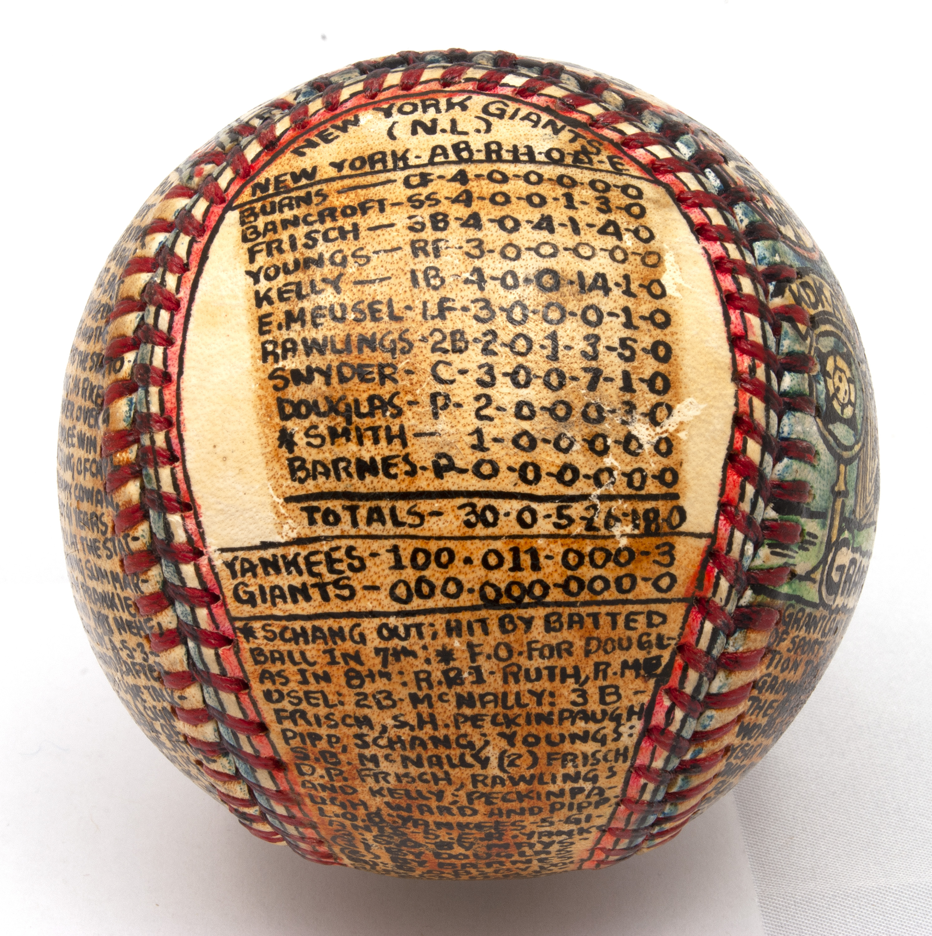 Another angle on the baseball transformed by self-taught artist George Sosnak, showing statistics and facts about the 1921 World Series between the Yankees and the Giants.