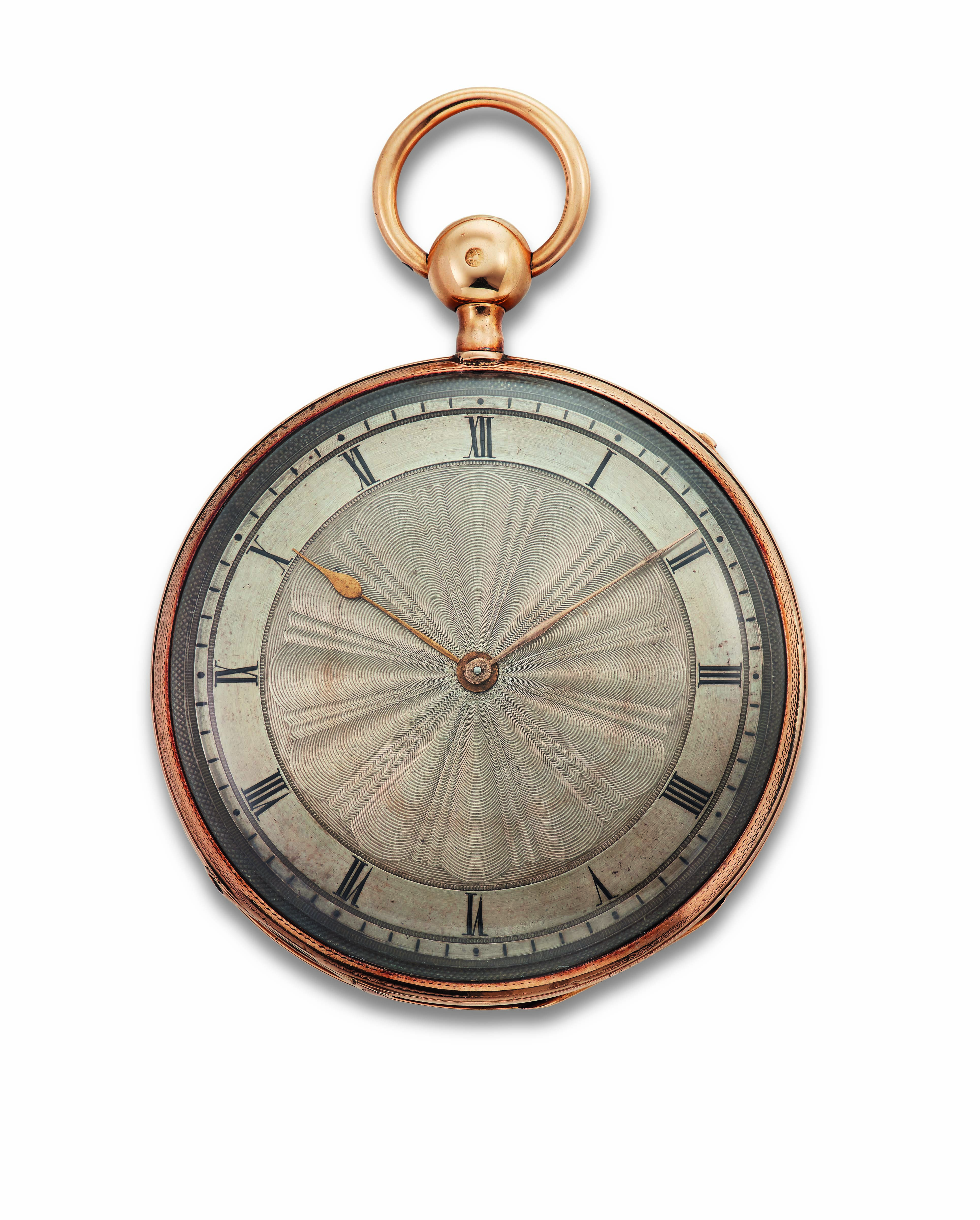 Front view of Edgar Allan Poe's 18-karat gold pocket watch, showcasing its handsome dial. 
