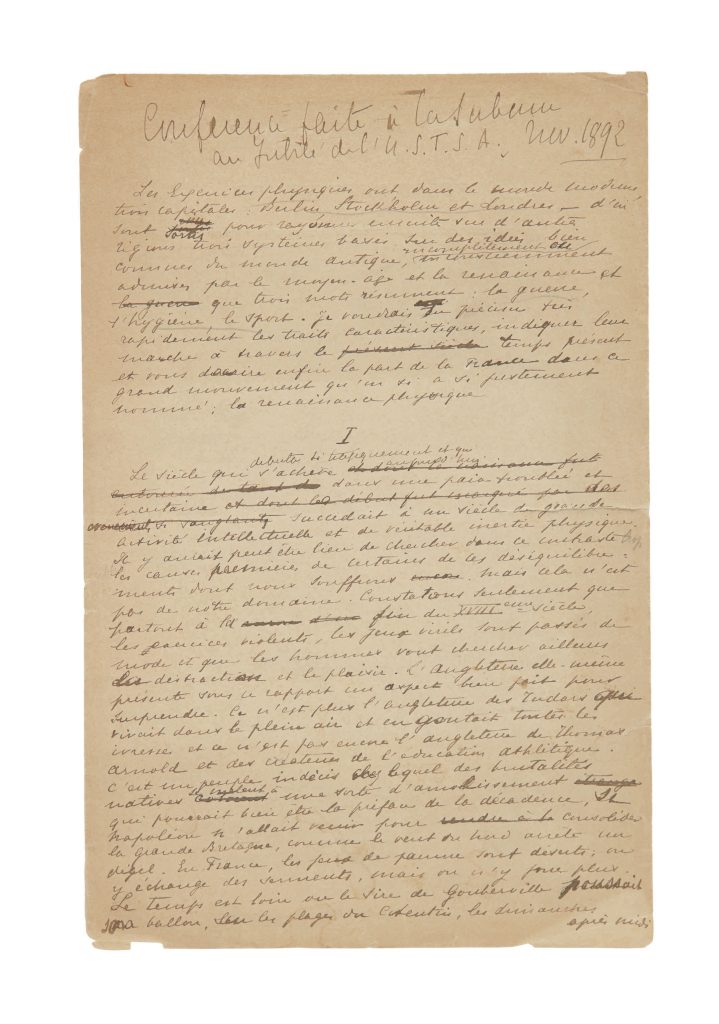 An isolated page from Pierre de Coubertin's Olympic manifesto, with handwritten corrections visible.