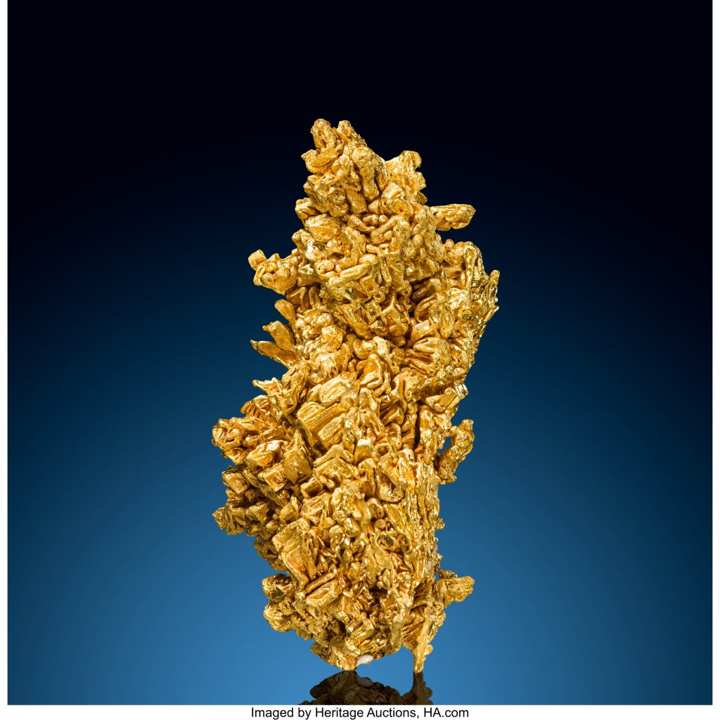 An unusually large (379-gram) specimen of crystallized gold, found relatively recently in Brazil. Heritage Auctions estimates it at $200,000 to $300,000.