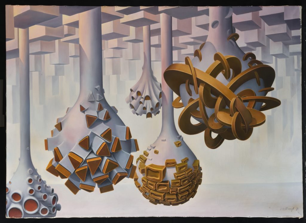 Isotopes of Furniture, a 1971 painting by Franz Jozef Ponstingl that appears in the 2020 show at the Michener Art Museum.
