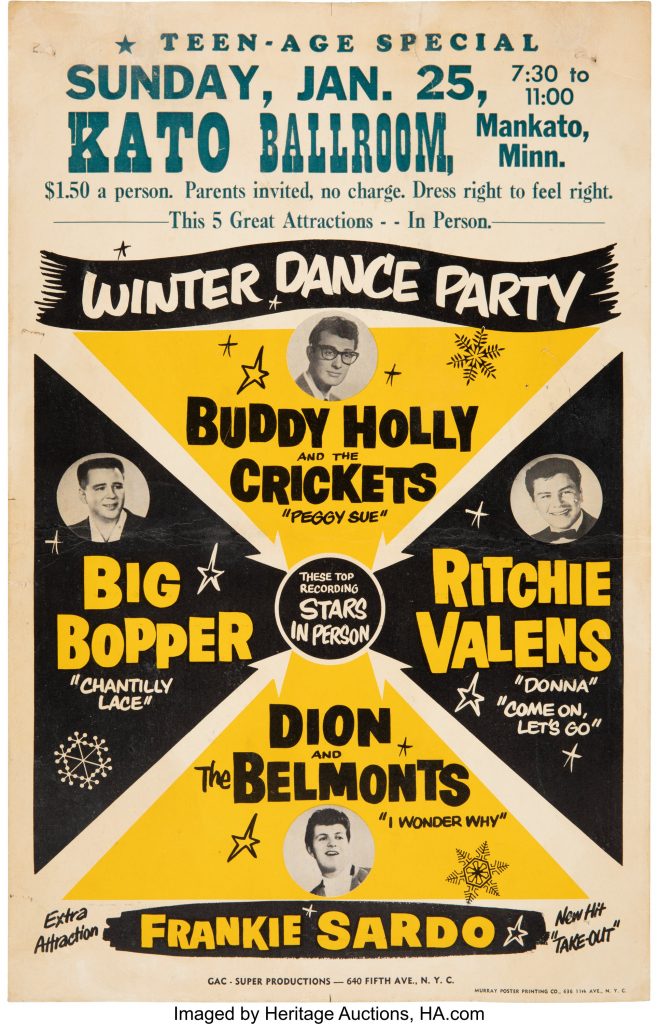 An original 1959 Winter Dance Party concert poster, touting Buddy Holly, the Big Bopper, and Ritchie Valens, all of whom would later die in a February 3 plane crash mythologized as "The Day the Music Died". The poster could sell for $100,000 or more at Heritage Auctions. 