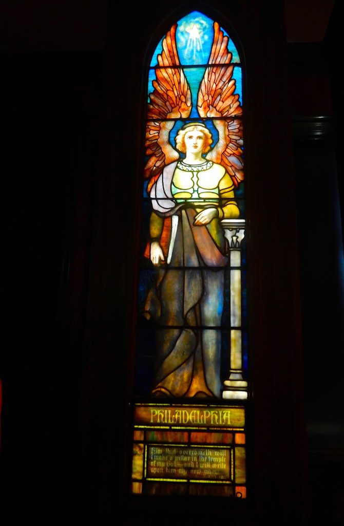 The Philadelphia window, one of seven Tiffany windows from the Angels Representing Seven Churches set. It was commissioned in 1902 for a Swedenborgian church, which follows a form of Christianity that places great import on angels.