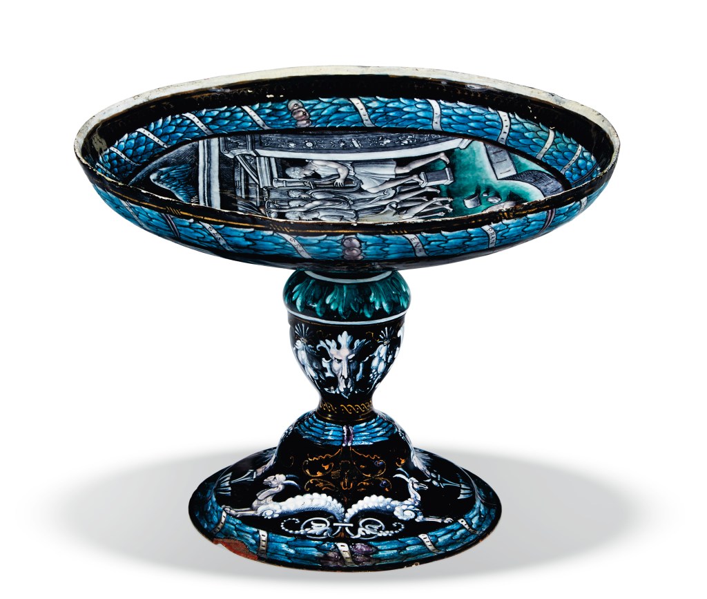 The tazza depicts the mythical feast of Dido and Aeneas, which was a notoriously sumptuous affair.