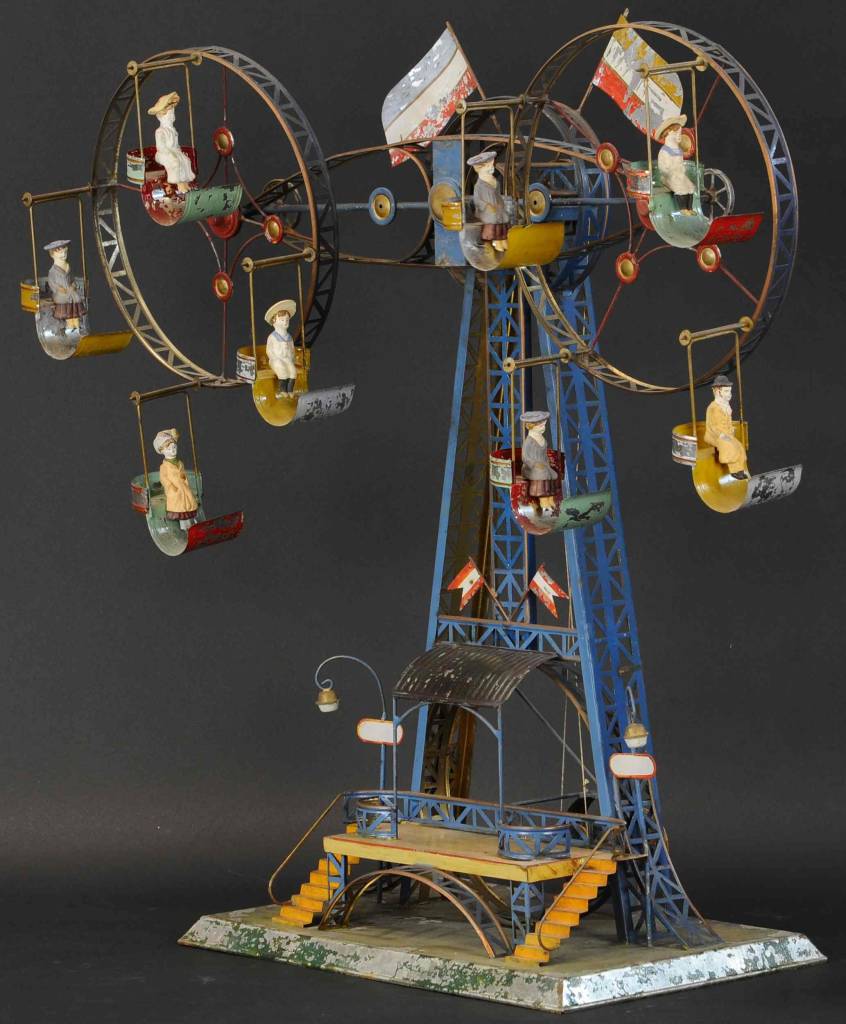 When shown at an angle, the double Ferris Wheel toy reveals how completely and enthusiastically three-dimensional it is.