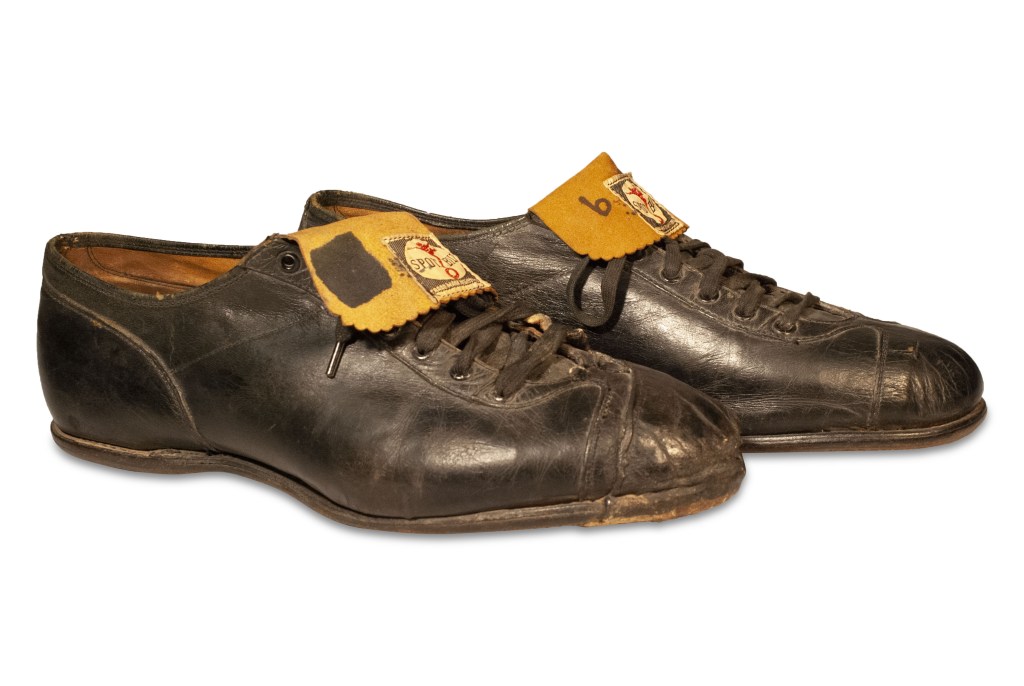 The Ted Williams cleats, in full. Note the number 9 written on the tongue of the left shoe.